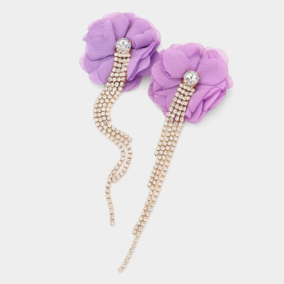 NEW Purple Fabric Flower Drop Crystal Rhinestone Earrings - Picture 1 of 9